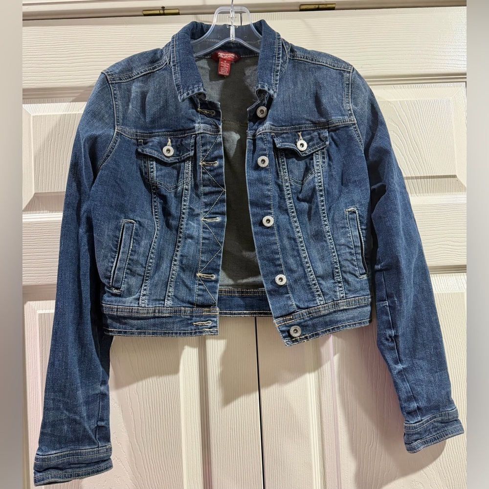 Arizona Jean Co Jacket Girls Sz. M Blue Jean Denim Button Up Crop Stretch